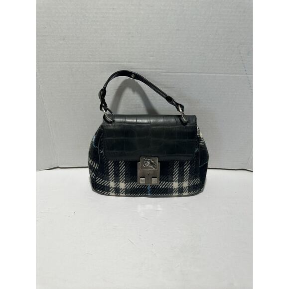 BURBERRY LONDON Croc Embossed Leather Tartan Wool Satchel Purse Bag Authentic